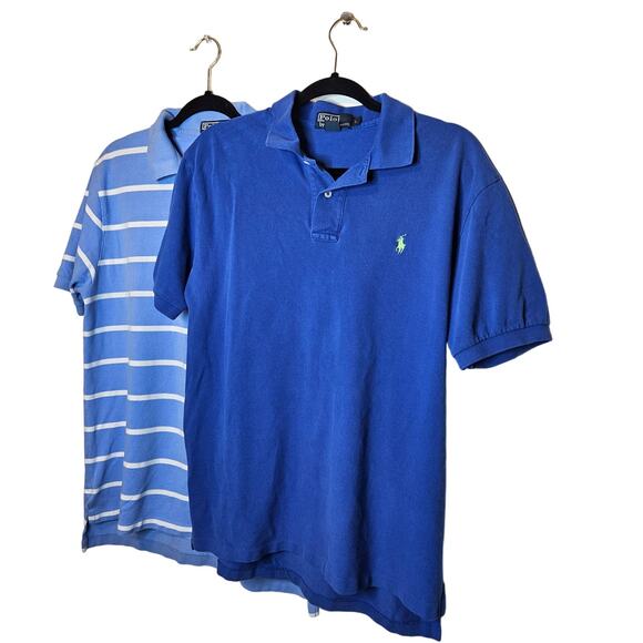 Polo Ralph Lauren 2 Large Polos Blue Striped Short sleeved Cotton collared shirt - Picture 2 of 8